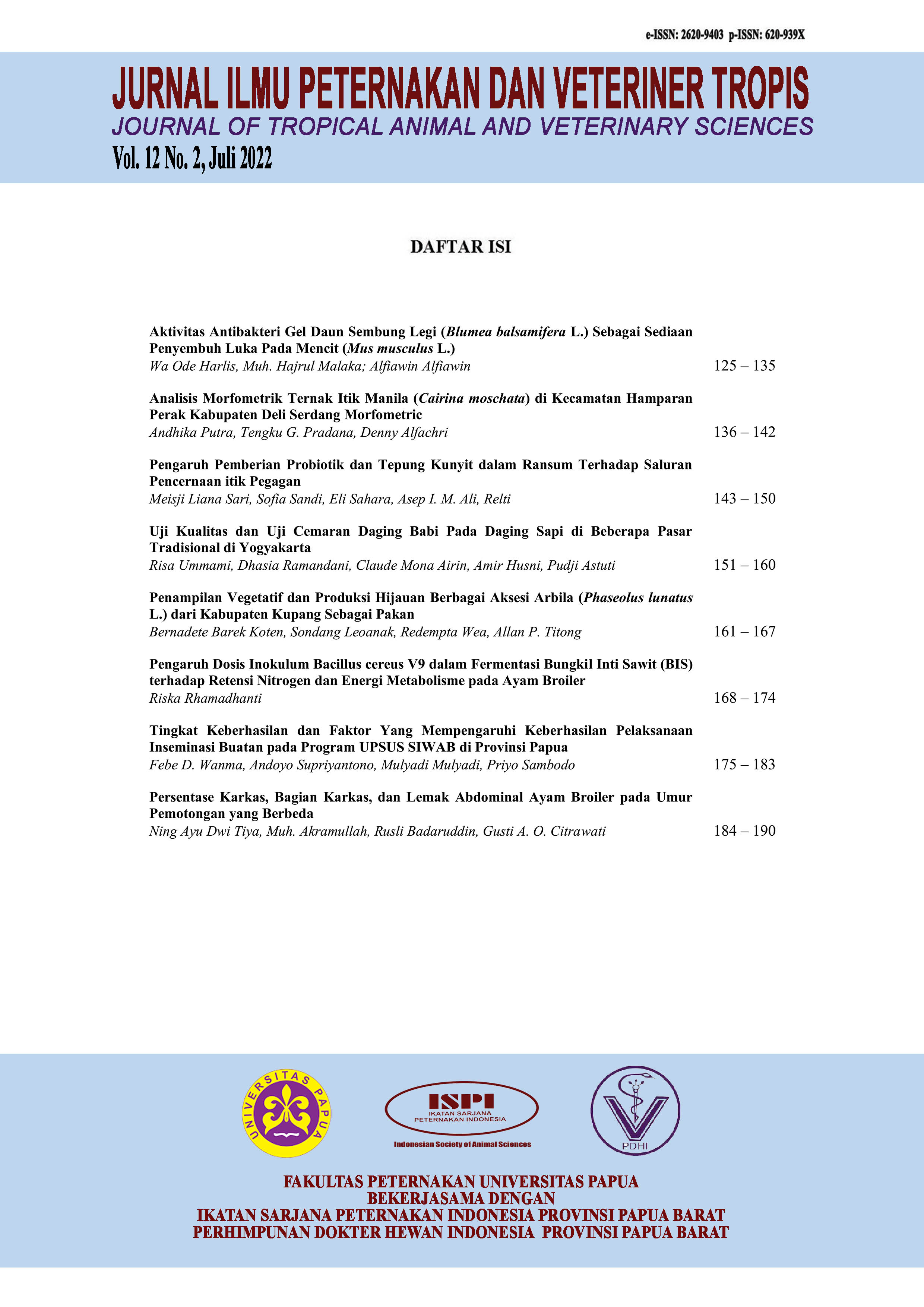 					View Vol. 12 No. 2 (2022): Jurnal Ilmu Peternakan dan Veteriner Tropis (Journal of Tropical Animal and Veterinary Sciences)
				